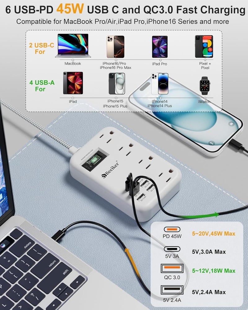 Beeiker 45W USB C Travel Power Strip- PD 45W Fast Charging Station with 6 USB(2 USB C) Ports and 4 Outlets,5Ft Flat Plug Braided Extension Cord Surge Protector for MacBook Laptops iPad Pro iPhone Samsung 13A - Image 2